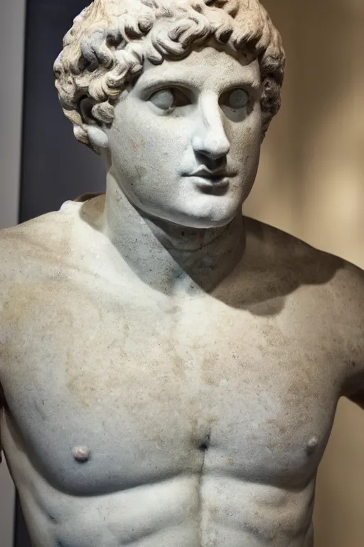 Image similar to an ancient greek marble statue of emmanuel macron, the british museum