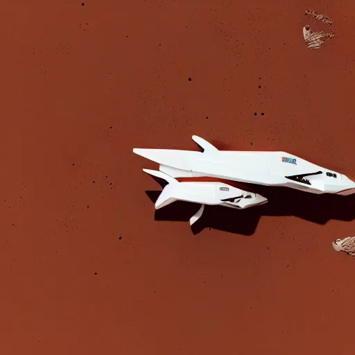 Prompt: two sleek white long spacecraft with red details, flying in parallell, over the surface of mars, , highly detailed, view from above, sunset, photorealistic, cinematic, sci-fi, octane render