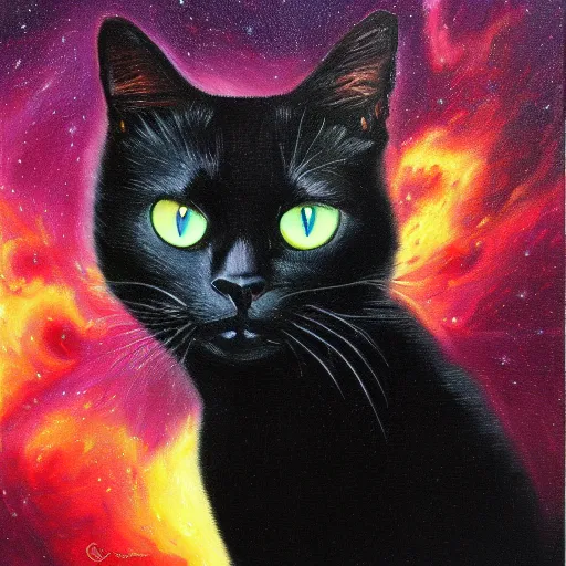 Image similar to spectacular oil painting of a black cat with bright green eyes floating through a nebula