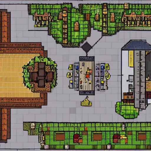Prompt: an old english pub viewed from above, 2d pixel art