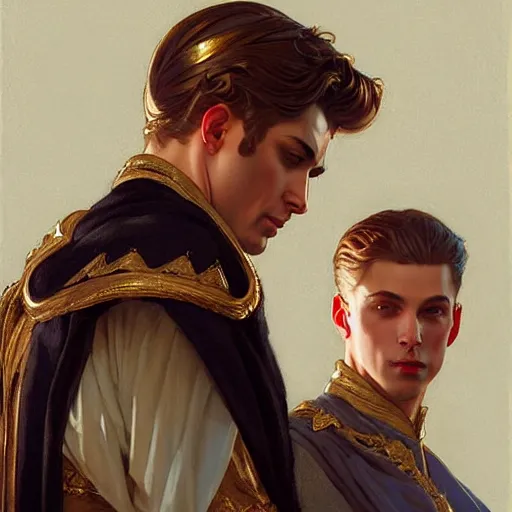 Prompt: attractive fully clothed king confesses his love for his attractive fully clothed male prince. highly detailed painting by j. c. leyendecker, craig mullins, tom bagshaw,