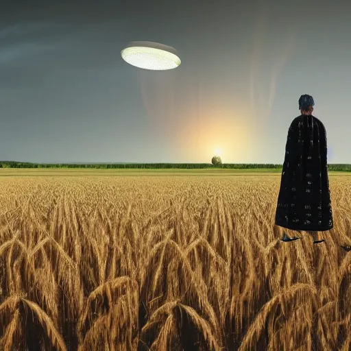 Prompt: UFO hovering over medieval peasant standing in wheat field while grey alien approaches from the distance