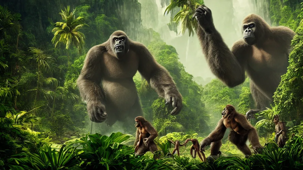 Image similar to King Kong in a tropical forest, fantasy artwork, very very very beautiful scenery, hd, hdr, ue5, ue6, unreal engine 5, cinematic 4k wallpaper, 8k, ultra detailed, high resolution, artstation, award winning