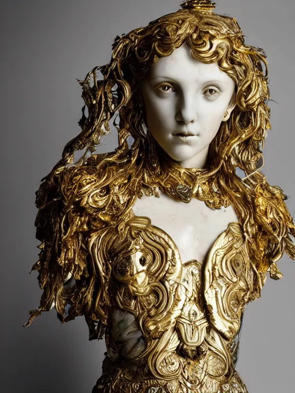 Prompt: a backlit art nouveau marble head and torso sculpture of a worried young millie bobby brown with long, flowing hair, wearing intricate gold plate armor on her chest and an elaborate golden helmet, delicate, intricate, smooth, beautiful, glowing, by charles van der stappen