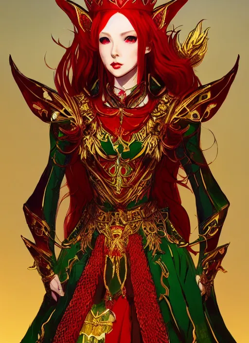 Image similar to Full body portrait of a beautiful red haired elven queen wearing red, green and gold ceremonial queen dress and elaborate golden crown. In style of Yoji Shinkawa and Hyung-tae Kim, trending on ArtStation, dark fantasy, great composition, concept art, highly detailed.