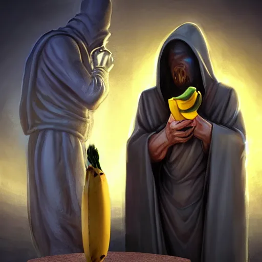 Image similar to a hooded cultist is stabbing a banana placed on an altar, in front of a stone statue of a forgotten god, by patrick mcenvoy and michael komarck and fantasy flight, incredible quality, trending on artstation