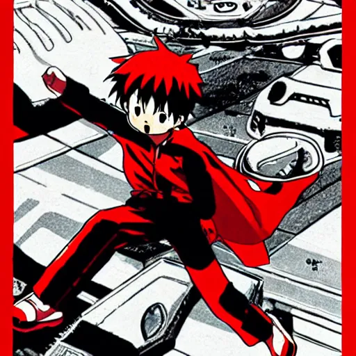 Image similar to an anime image in the style of akira, with a character leaping through the air, striking at a huge bat robot.