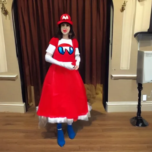 Image similar to a woman cosplaying nintendo mario in an opera gown