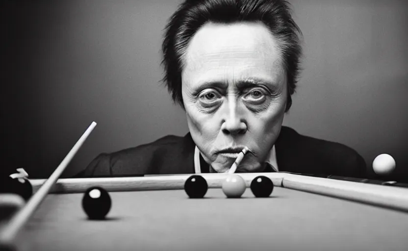 Prompt: christopher walken playing billiards and smoking cigarette in the style of Annie Leibovitz, Hasselblad medium format camera, candid, soft lighting, highly detailed, photorealistic,