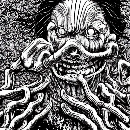 Image similar to Artwork by Junji Ito of The Chitine King Hian the Demigod, master of Ice, and their hateful haunting of steam mephits and horrifying balors, who plan to take revenge on the party for a perceived wrong done to them long ago.