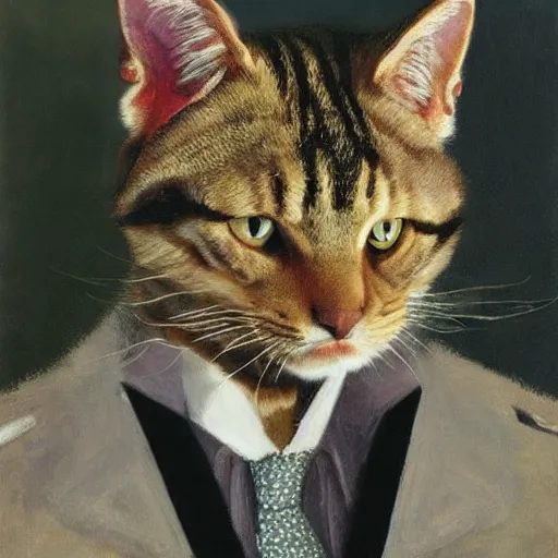 Image similar to fuzzy furry ears Portrait of Man camouflaged as Tabby Cat whilst wearing a pink tuxedo Standing atop a Garbage Truck Newell Convers Wyeth Andrew Wyeth Jamie Wyeth