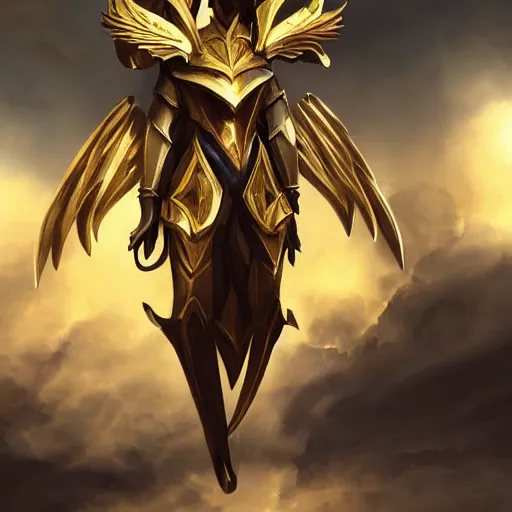 Image similar to cinematic, hyperdetailed elegant beautiful stunning league of legends azir armor fanart gold armored bird wings regal gold sunray shaped crown, warframe, destiny, octane