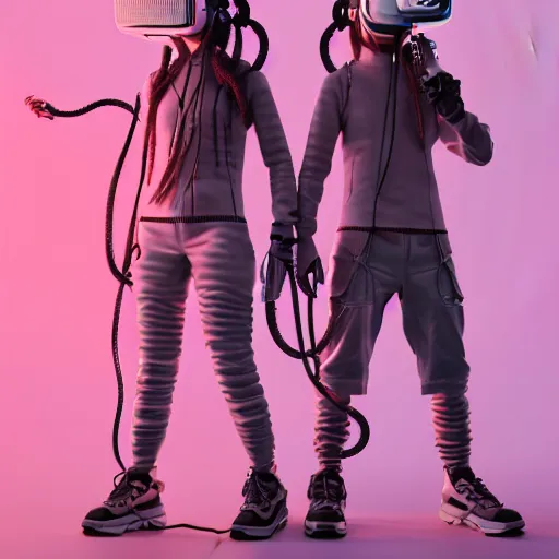 Prompt: intense futuristic bespoke vr headset respirator with long cables like dreadlocks on a set of twin ninja hypebeasts, by ilya kuvshinov and james jean and sorayama and ikeuchi and hiroya oku and gilleard james, artstation trending, 8 k, 3 d render, photorealistic, volumetric lighting caustics, pink