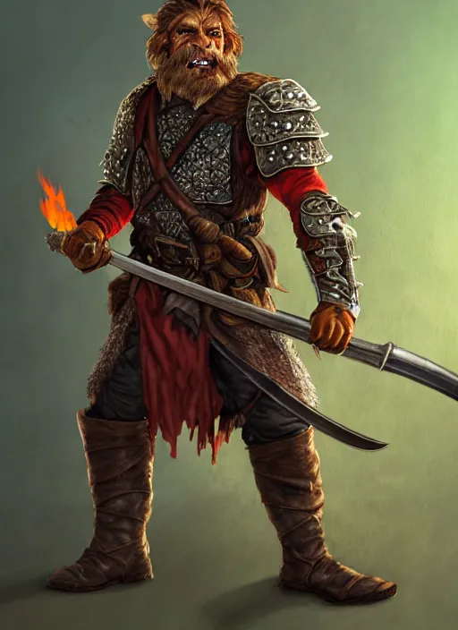 Image similar to strong young man, photorealistic bugbear ranger holding a flaming sword, black beard, dungeons and dragons, pathfinder, roleplaying game art, hunters gear, jeweled ornate leather and steel armour, concept art, character design on white background, by alan lee, norman rockwell, makoto shinkai, kim jung giu, poster art, colours red and green