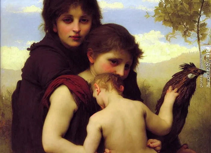 Prompt: feral child with giant chick, bouguereau