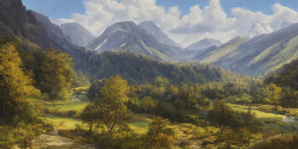 Image similar to a beautiful landscape painting of a mountainous valley with patches of woodland, by antony bridge, oil on canvas, highly detailed, hd, 4 k