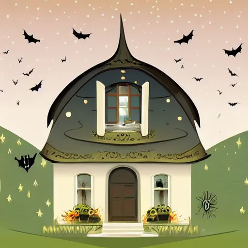 Image similar to very cute adorable digital Illustration of a Halloween house on a round small hill. Glaring lights coming out of the windows. backlit house, moon shining onto the house. Cinematic lighting, movie poster. Award winning digital illustration trending on artstation. art nouveau in the style of Émile Gallé. Very detailed and beautiful digital art