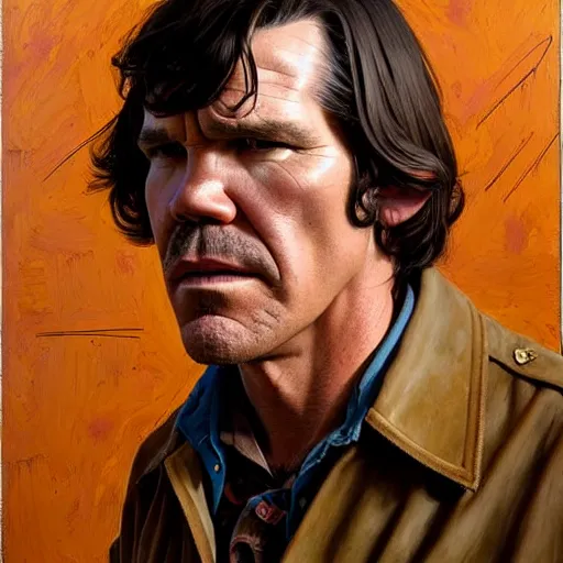 Image similar to portrait of josh brolin as llewelyn moss in no country for old men. 7 0 s cowboy clothes and environment. flat colours. oil painting by lucian freud. path traced, highly detailed, high quality, j. c. leyendecker, drew struzan tomasz alen kopera, peter mohrbacher, donato giancola