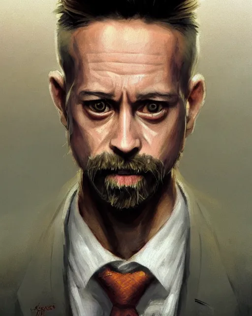 Image similar to painting portrait of Hobbes dressed as Tyler Durden in Star Fight Club, sharp focus, waist up, trending on ArtStation, masterpiece, by Greg Rutkowski, by Ross Tran, by Fenghua Zhong, octane, clear eyes, soft render, clear facial features, oil on canvas, moody lighting, cinematic, professional environment concept art