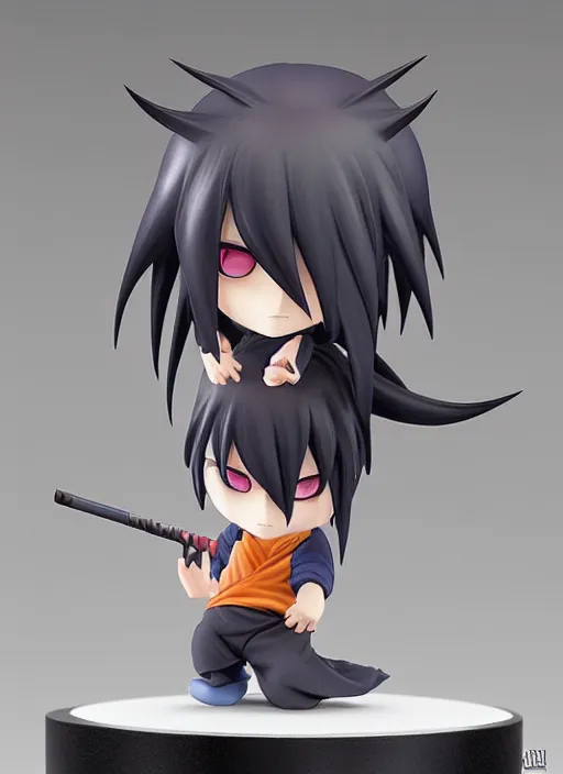 Image similar to cute chibi uchiha sasuke anime figurine, sharing an eyes, art by gerald brom, greg rutkowski and artgerm and james jean and zdzisław beksinski, unreal engine, studio lighting