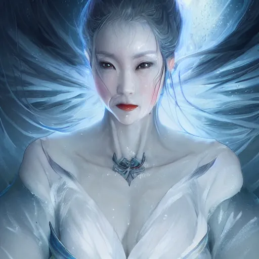 Image similar to Japanese ice demoness, D&D, highly detailed, digital painting, artstation, concept art, sharp focus, illustration, cinematic lighting, art by artgerm and greg rutkowski and alphonse mucha