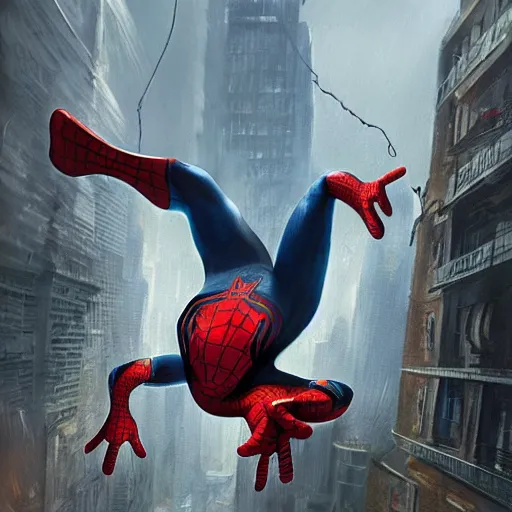 Prompt: Spiderman as a manspider, trending on artstation, ultra detailed, 8k, character illustration by Greg Rutkowski, Thomas Kinkade.
