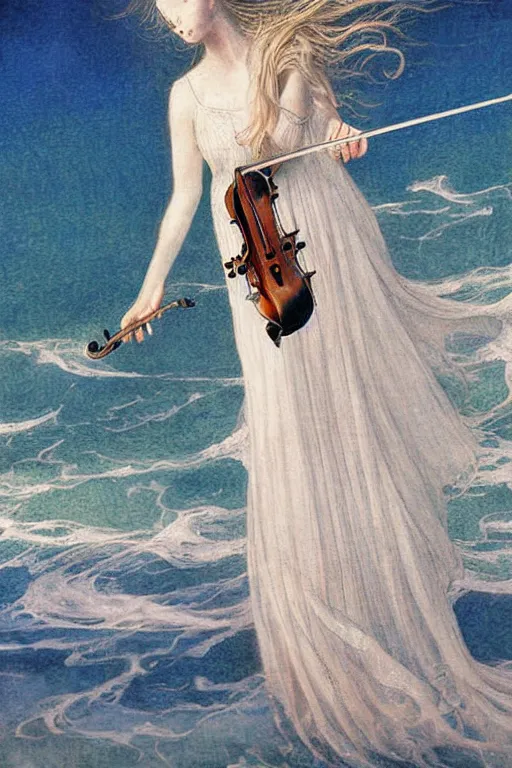 Image similar to beautiful mystical digital painting girl playing a violin wearing a long white dress over a wavy ocean by carlos Shwabe