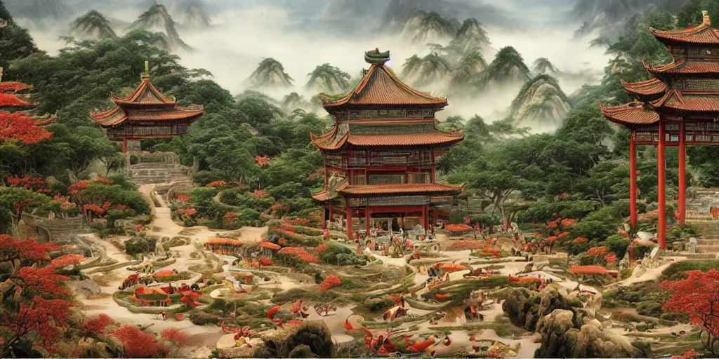 Prompt: it is a paradise with ancient chinese characteristics. it has a high degree of fantasy. there are pavilions in the air, koi jumping in the air, and fairy birds and animals such as cranes and deer coexist with people. it is the life scene of the ancient people, a detailed matte painting by christophe vacher and albert bierstadt