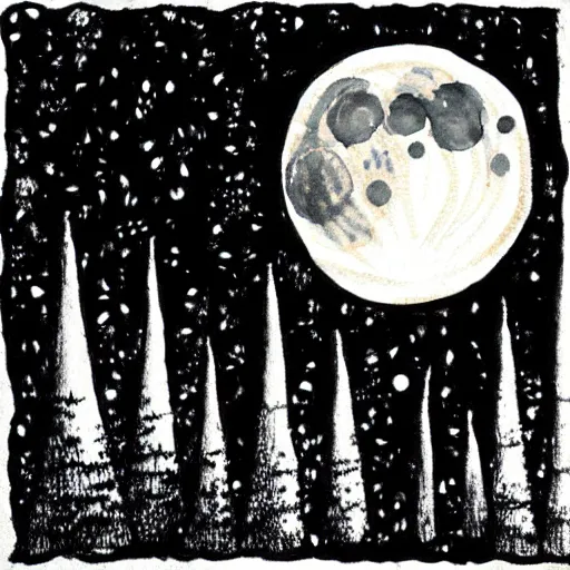 Prompt: moon above forest, ink