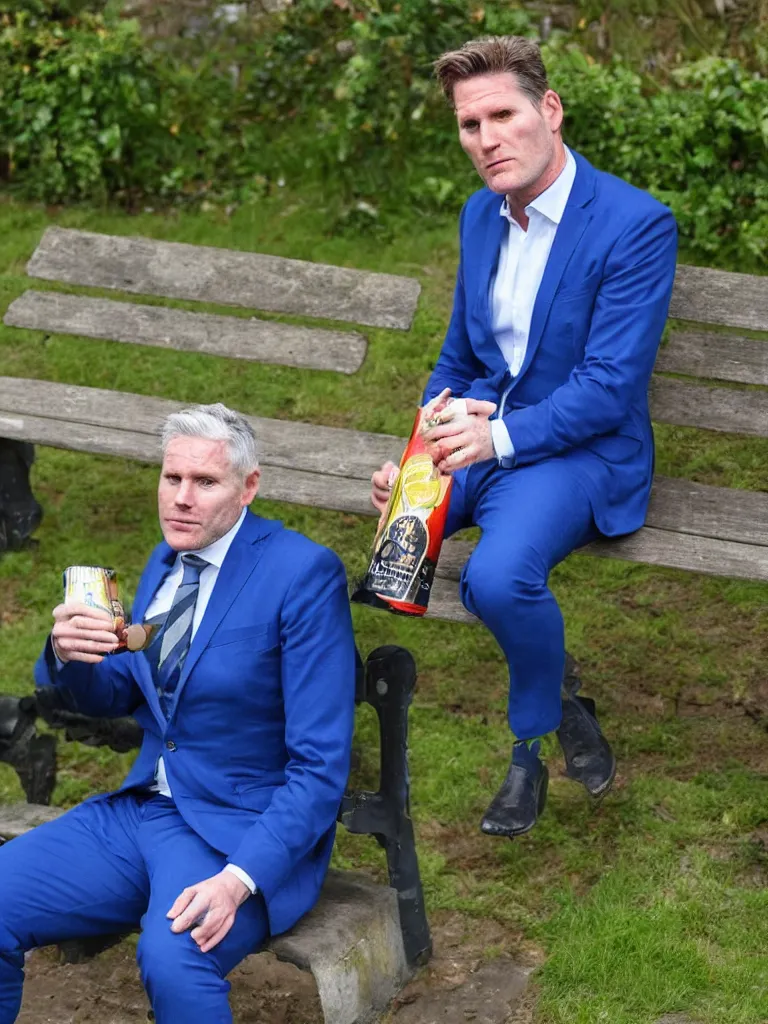 Image similar to Sir Kier Starmer in a blue suit wearing a flat cap on his head sitting on a bench alone holding a large plastic green bottle of cider, at his feet are empty cans and bottles