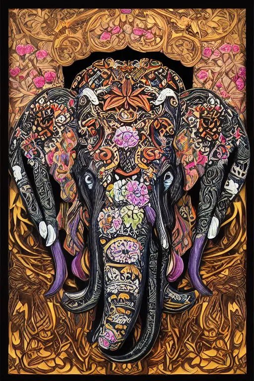 Image similar to Painted dark-wood panel relief carving of a close up of a Flowerpunk Matriarch Elephant, ornate border frame, explosion of colorful flowers, dark wood, intricately carved, black ink, festival of rich colors, intricate details, cinematic lighting, volumetric lighting, post-processing, art nouveau, tarot, fractal art, mandala, by andreas rocha and john howe, and Martin Johnson Heade, featured on artstation, featured on behance, golden ratio, hyper detailed, photorealistic, epic composition, center spotlight, f32, well composed, symmetrical, UE5, 8k