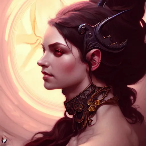 Image similar to , portrait of an dark hot tiefling, D&D, fantasy, intricate, elegant, highly detailed, digital painting, artstation, concept art, smooth, sharp focus, illustration, art by artgerm and greg rutkowski and alphonse mucha