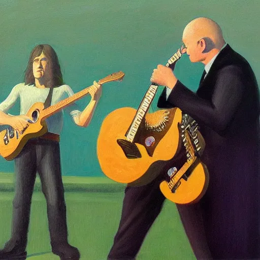 Image similar to rush, geddy lee, alex lifeson, neil peart, grant wood, pj crook, edward hopper, oil on canvas