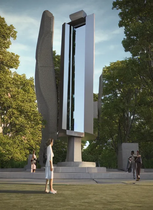 Prompt: highly detailed realistic architecture 3 d render of a futuristic mirror stele monument in frank lloyd wright style standing in city park, archdaily, made in unreal engine 4 octane render