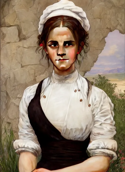 Prompt: portrait emma watson as maid in the kitchen, full length shot, shining, 8k highly detailed, sharp focus, illustration, art by artgerm, mucha, bouguereau