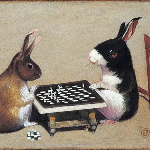 Prompt: a rabbit and a guinea pig playing chess, in the style of ilya repin