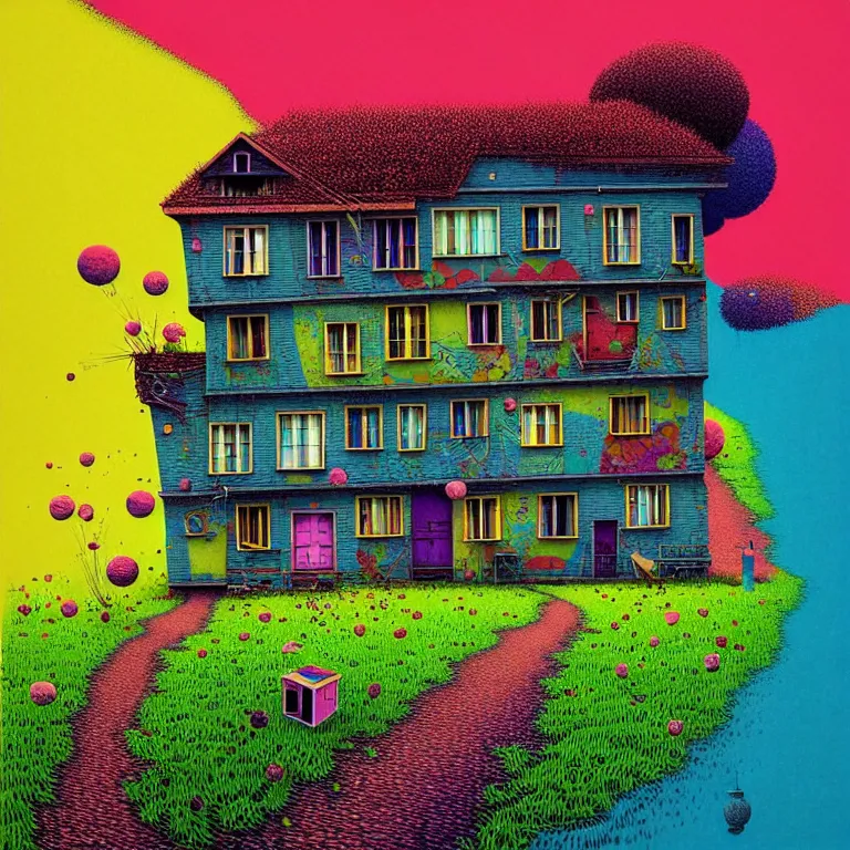 Prompt: surreal glimpse into other universe, house by akdonchampi, summer morning, very coherent and colorful high contrast, art by!!!! gediminas pranckevicius!!!!, geof darrow, floralpunk screen printing woodblock, dark shadows, hard lighting, stipple brush technique,