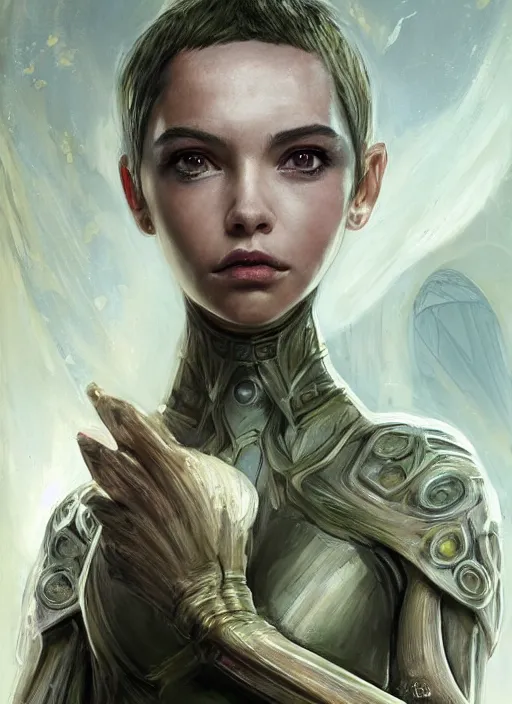 Image similar to a professional painting of a beautiful young female alien, clothed in ethereal armor, olive skin, long dark hair, beautiful bone structure, symmetrical facial features, intricate, elegant, digital painting, concept art, smooth, sharp focus, illustration, from Valerian and the City of a Thousand Planets, by Ruan Jia and Mandy Jurgens and Artgerm and William-Adolphe Bouguerea