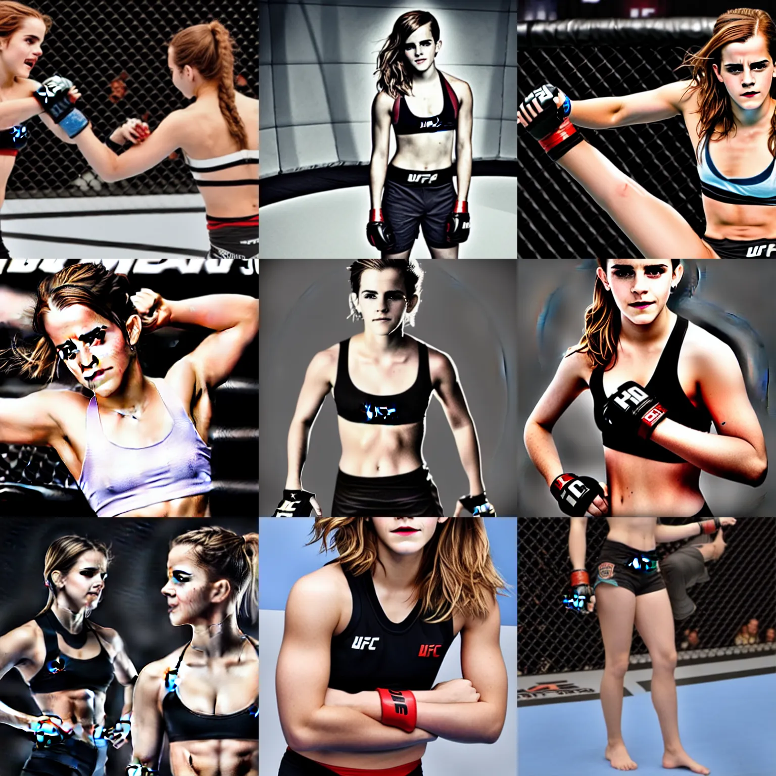 Prompt: promotional photo of emma watson as a ufc fighter by jeff botari high quality,