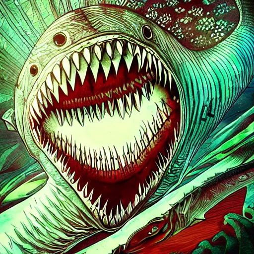 Image similar to android jones illustration of a shark, alien mouth