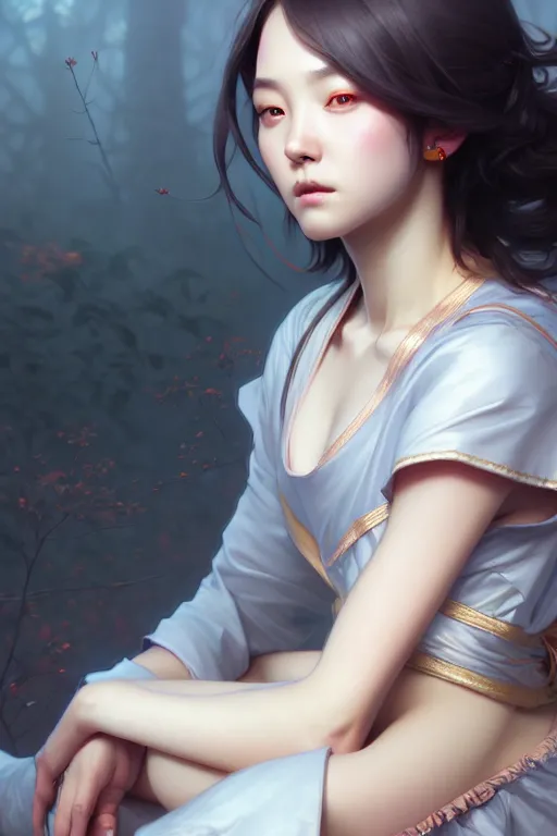 Prompt: beautiful digital painting of hoyeon jung gray background with high detail, 8 k, stunning detail, works by artgerm, greg rutkowski and alphonse mucha, unreal engine 5, 4 k uhd