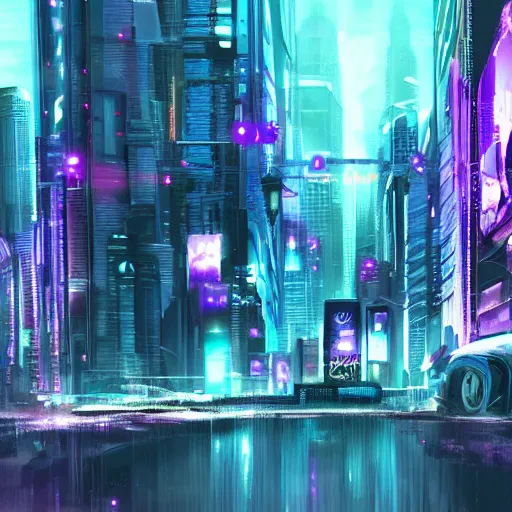 Prompt: HD, cyberpunk cityscape, purple rain