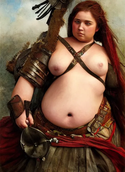 Image similar to hyper realistic painting of medieval chubby beautiful warrior girl, full body, rule of thirds, conceptart, saturated colors, jean baptiste monge