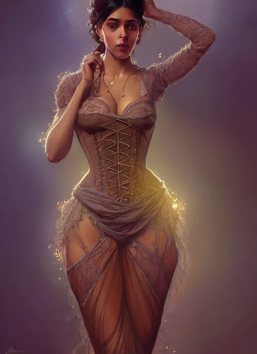 Image similar to cute brown woman wearing a transparent corset dress, fantasy, intricate, highly detailed, digital painting, artstation, concept art, wallpaper, smooth, sharp focus, illustration, art by artgerm and greg rutkowski and alphonse mucha