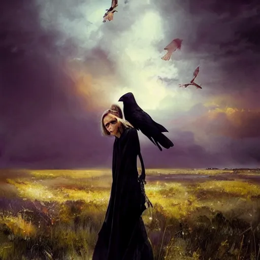 Image similar to morning, raven perching on the shoulder of a woman in a black dress. sun, cinematic, clouds, vogue cover style, contracting colors mood, realistic painting, intricate oil painting, high detail, figurative art, multiple exposure, poster art, 3 d, by simon bisley, ismail inceoglu, wadim kashin, filip hodas.