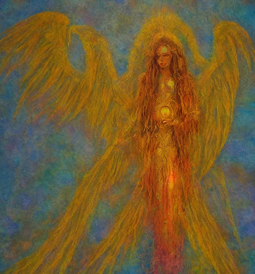 Image similar to last seraphim of the golden mythos beloved (dreamy) gnostic fog, award winning oil painting, chromatic aberration sharp colors