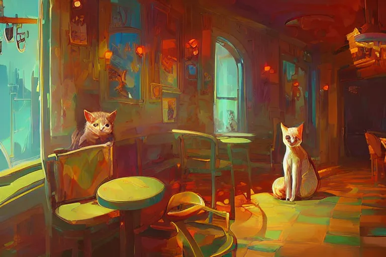 Image similar to a digital art of a cat sits on a chair in a bar in the afternoon, the sun shines in, animal, light effect, highly detailed, warm and delightful, by anton fadeev