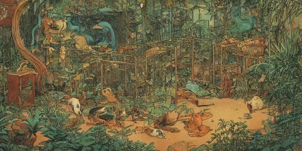 Prompt: 1 9 th century vivarium, detailed zoo environment by moebius and mohrbacher, japanese childrens book, 1 9 8 0 s,