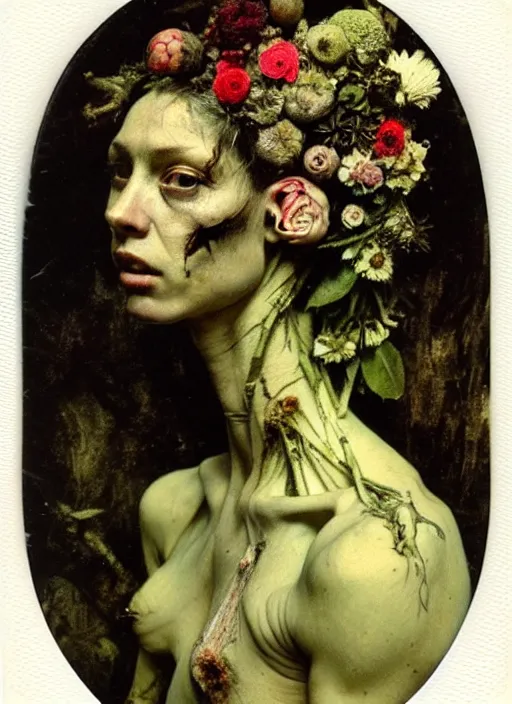 Image similar to beautiful and detailed rotten woman made of plants and many different types of flowers, muscles, intricate, organs, ornate, surreal, john constable, guy denning, gustave courbet, caravaggio, 1 9 1 0 polaroid photo