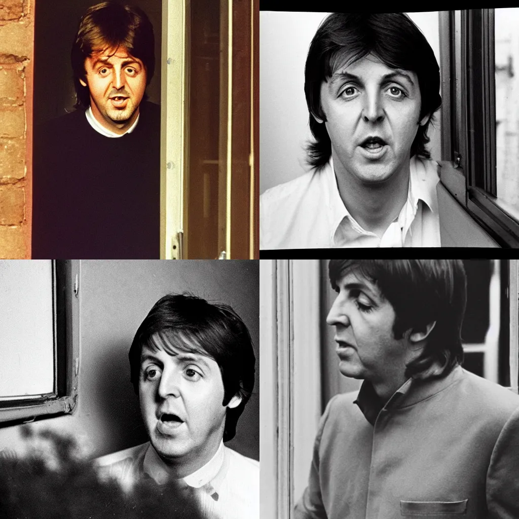 Prompt: 1969 photo of Paul McCartney seeing a woman come in through the bathroom window